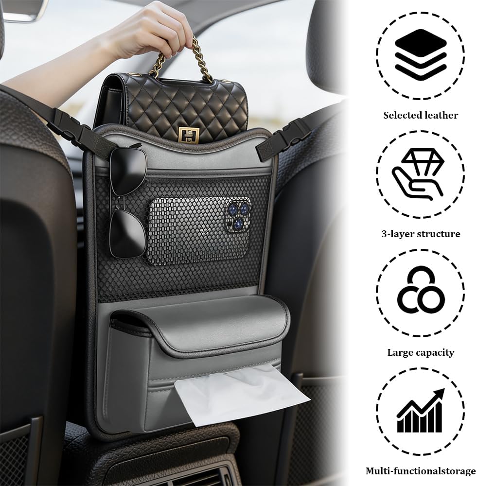 Car Organizer Storage Between Seats, Car Purse Holder, Nappa Leather Front Seat Storage Bag with Tissue Holder, Large Capacity Auto Console Organizer for Document Phone Wallet Snack (White)