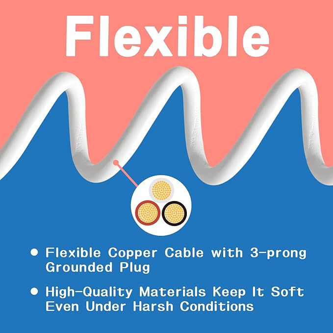 Indoor Outdoor Extension Cord 6 FT, 16/3 SJTW Weatherproof White Electrical Cords, 13 AMP Heavy Duty 3 Prong Power Cable Great for Garden, Landscaping & Holiday Decorations