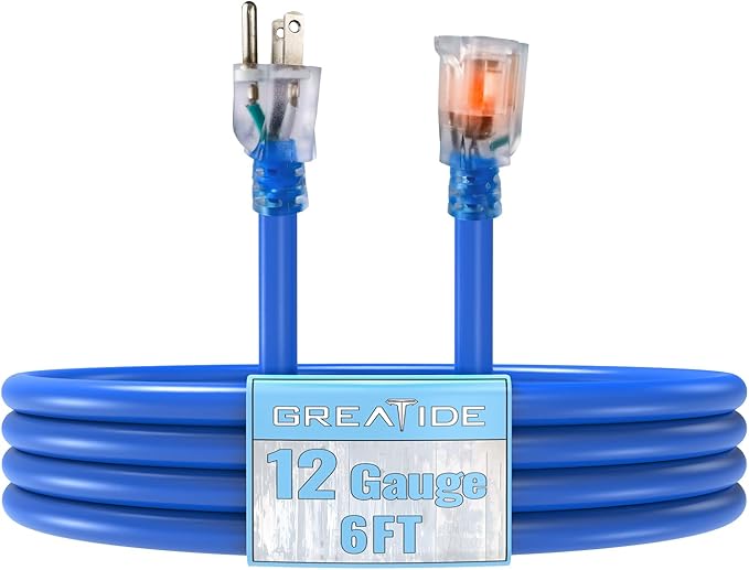 Outdoor Extension Cord with Lighted End, 12 Gauge Heavy Duty 6 FT, 3 Prong Grounded 15 Amp, 12/3 SJTW Waterproof Power Cord for Appliance, Blue