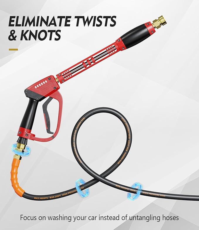 Pressure Washer Gun and Hose Kit, 4800PSI Flexible & Kink-Resistant - Steel Braided & Durable High Power Washer Hose 50 FT with 3/8" Swivel Quick Connector and M22 14mm Adapters & 5 Nozzles