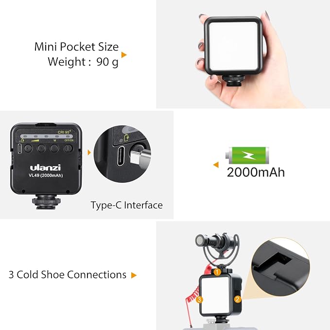 ULANZI VL49 2000mAh LED Video Light w 3 Cold Shoe, Rechargeable Soft Light Panel