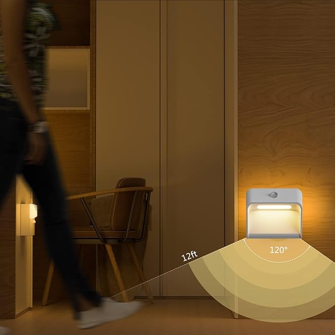 Rechargeable Motion Sensor Night Light - 2200mAh Battery Stair Lights Indoor, 3000K, Linkage Mode, for Bedroom Hallway Bathroom Wall - 3 Brightness Levels