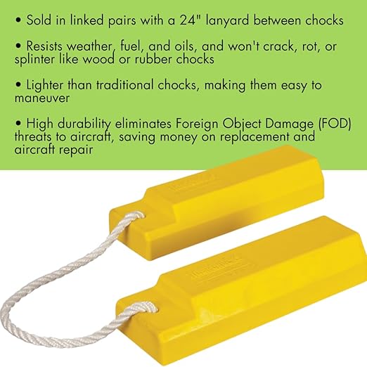 Checkers 15" Airplane Chocks, Aviation Wheel Chocks for Small to Mid-Sized Aircraft, Roped Pair Tire Chock, Durable Lightweight Urethane, Yellow, AC3515-P