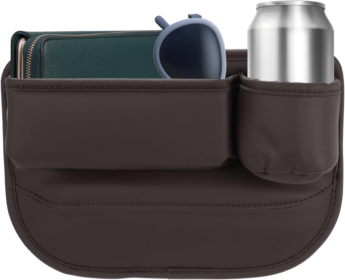 HARFINGTON Car Seat Gap Filler Organizer 11.8 x 8.3 x 2.2 Inch PU Universal Car Organizer Storage Box Between Seat and Console (Right) with Cup Holders for Phone Sunglasses Keys, Brown