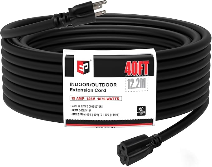 EP 12/3 40 FT Indoor Outdoor Black Extension Cord Waterproof, 12 Gauge 3 Prong Power Cord Flexible Resistant Appliance Extension Cable Electric Cable Outside, 15A 1875W 12AWG SJTW, ETL Listed