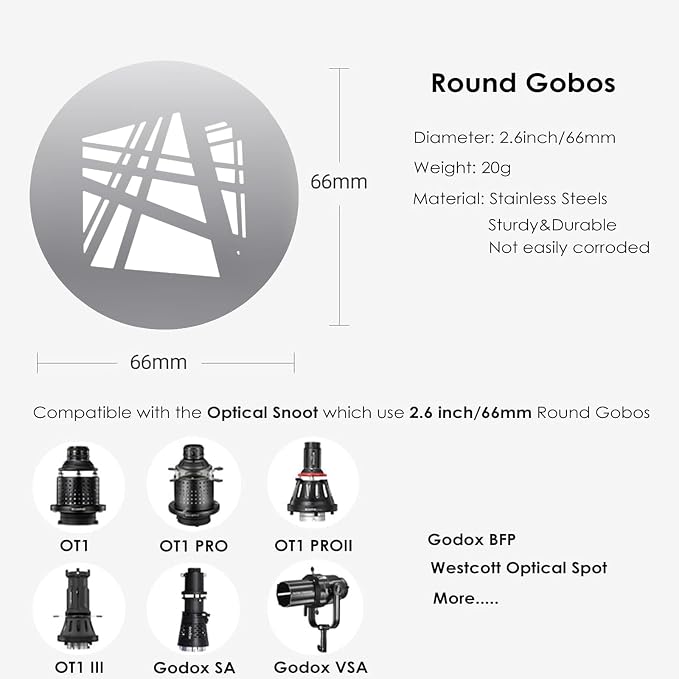 18Pcs Round Gobos Kit for Optical Snoot, 66mm/2.6in Metal Plate Patterns for