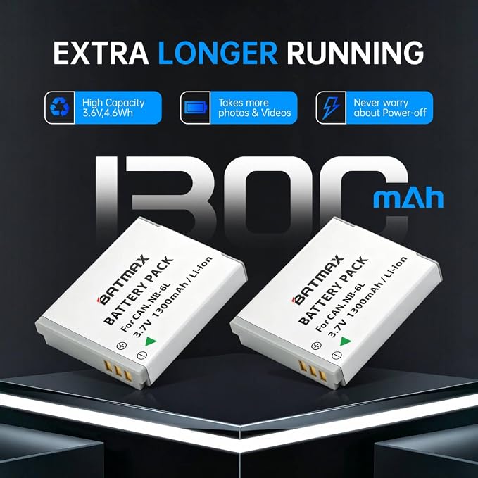 Batmax 2Pcs 1300mAh NB-6L NB-6LH Battery + LCD USB Charger