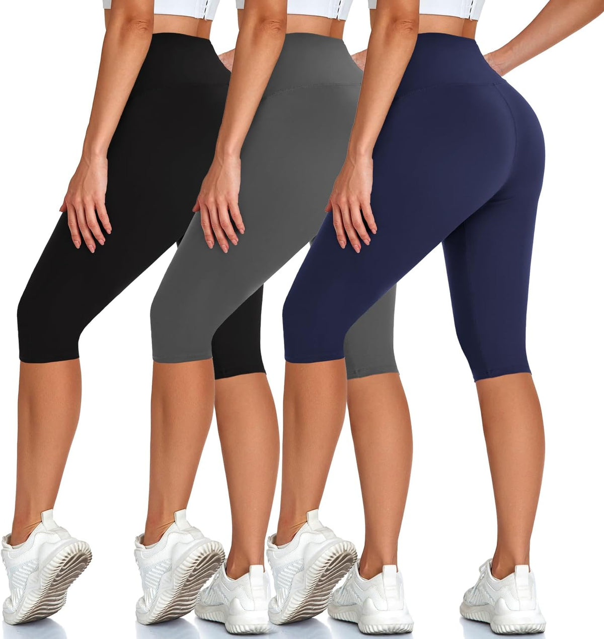Skiennix High Waisted Capri Pants - 3 Pack Knee Length Yoga Shorts for Summer Activewear