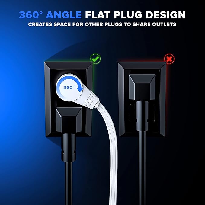 Maximm 360 Degree Rotating Flat Extension Cord 10 Ft Multi 3 Outlet Power Cord Grounded 16 AWG UL Certified, White