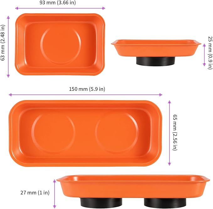 JEUIHAU 12 Packs Magnetic Tray, Stainless Steel Magnetic Parts Tray, Orange Magnetic Tool Tray for Collecting Wrenches, Screws, Bolts, Nuts, Small Parts, 3.6 x 2.4/5.9 x 2.5 Inches