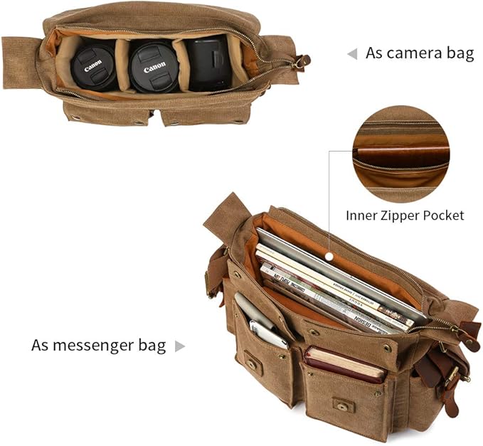 Kattee Leather Canvas Camera Bag Vintage DSLR SLR Messenger Shoulder Bag