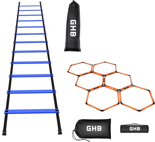 GHB Agility Ladder - 12 Rung 20ft Training Set with Hex Agility Rings & Carrying Bag