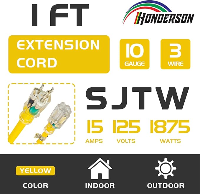 Extension Cord with Lighted End, UL Certified, 10 Gauge 1FT Yellow 3 Prong Heavy Duty, 10/3 SJTW 15A Power Cord for Lights, Lawn