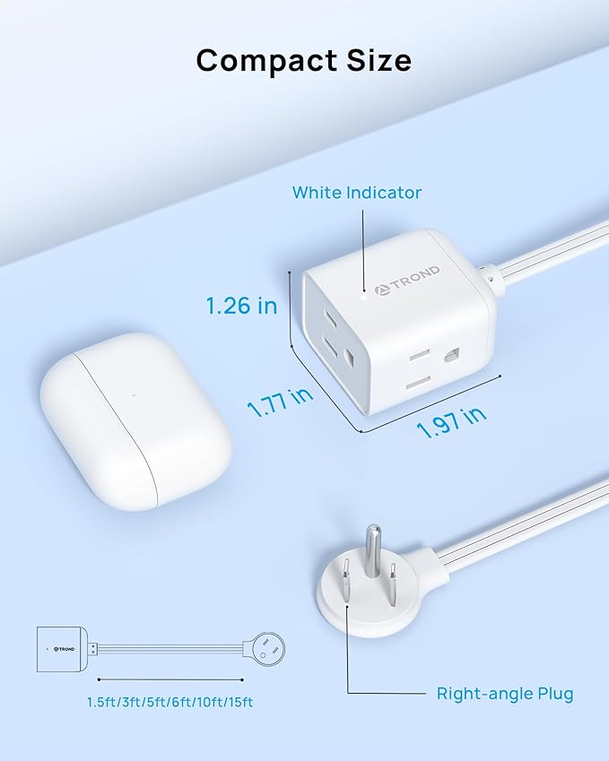 TROND Flat Extension Cord 10ft - Right Angled Flat Plug Power Strip, ETL Listed, 3 Plug Extension Outlets, Three Prong, SPT 16/3 Gauge Cable, 13 Amps, Compact for Indoor Home Office Kitchen, White