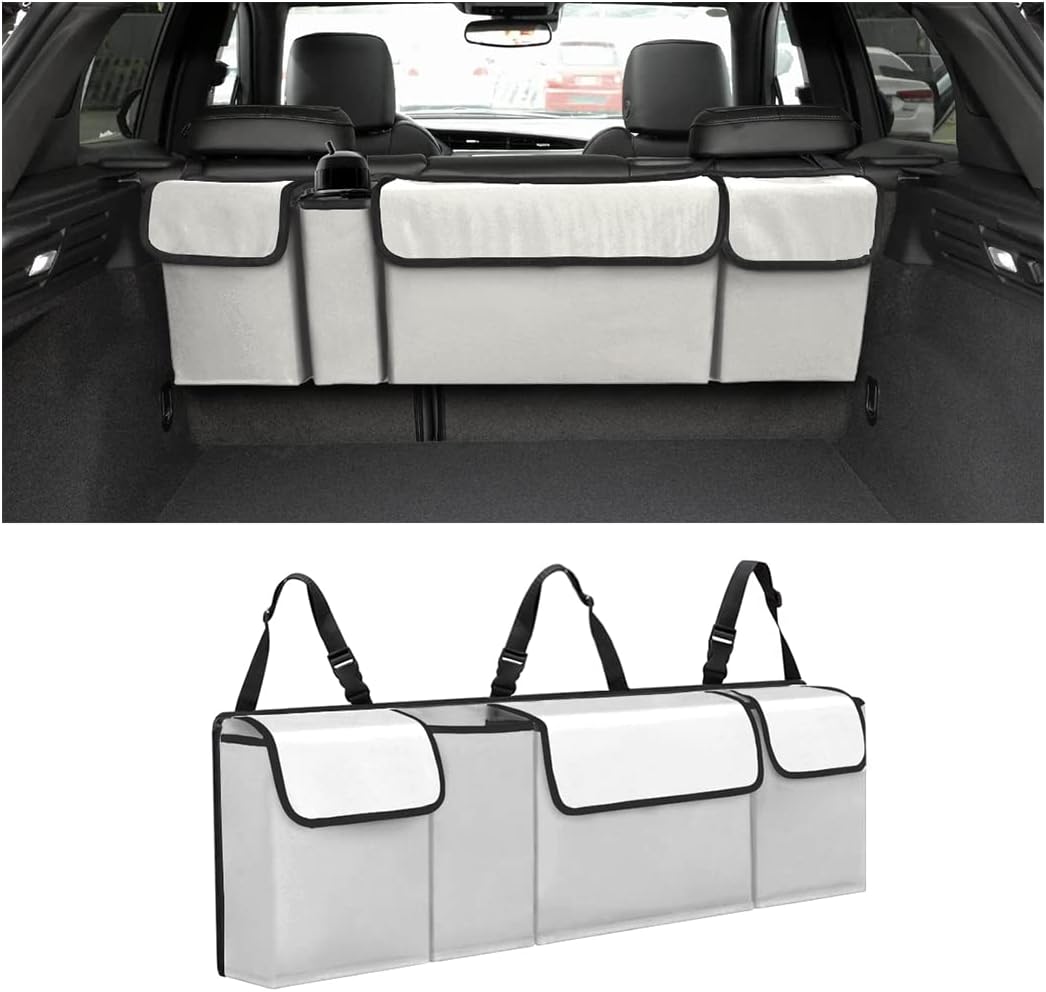 AUCELI Car Trunk Organizer, Backseat Hanging Large Storage with Adjustable Straps, Waterproof Collapsible Cargo Bag with 4 Pockets, Sturdy Space Saver Frees Trunk Floor for SUV, Truck, MPV