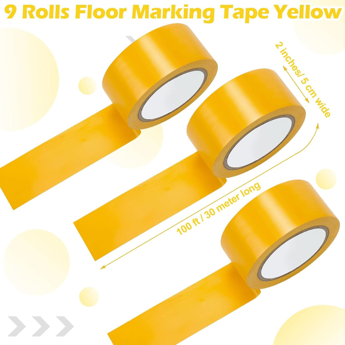 Outus Floor Marking Tape - Durable 2" Wide Yellow Non-Abrasive 100' Length | Ideal for Social Distancing, Gyms, and Heavy Foot Traffic (9 Rolls)