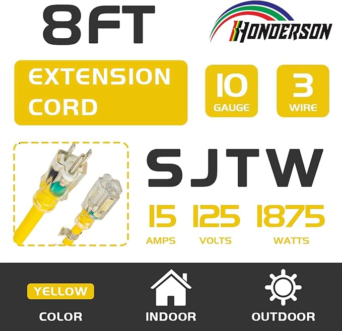 Indoor Outdoor Extension Cord Weatherproof with Lighted End, UL Certified, 10 Gauge 8FT Yellow 3 Prong Heavy Duty, 10/3 SJTW 15A Power Cord for Outdoor Lights, Lawn