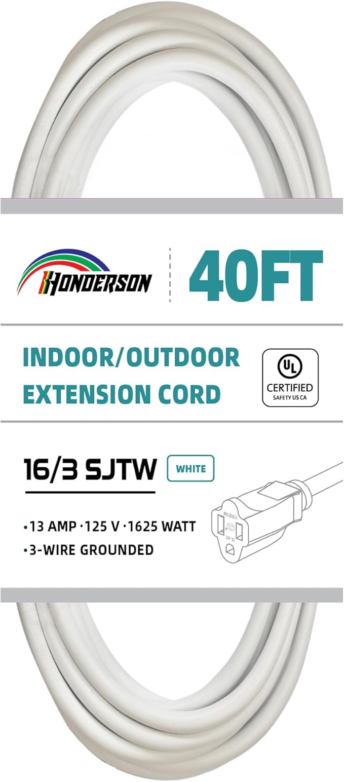 Indoor Outdoor Extension Cord Weatherproof, UL Listed, 16 Gauge 40FT White 3 Prong Heavy Duty, 16/3 SJTW 13A Power Cord for Outdoor Lights, Appliances, Lawn
