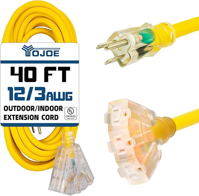 YOJOE 3-Outlets Indoor Outdoor Extension Cord with Lighted End, 3 Prong 15A Weatherproof Power Cord, 12 Gauge Heavy Duty 40 ft Yellow Extension Cord Multiple Outlets, 12/3 SJTW UL Listed