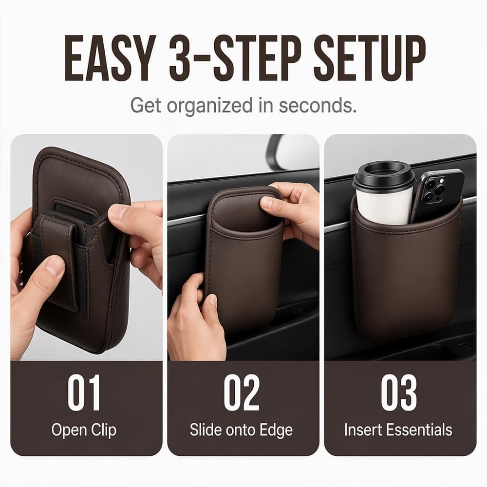 Leather Car Door Cup Holder Clip On Storage Organizer for Car, Brown, Large