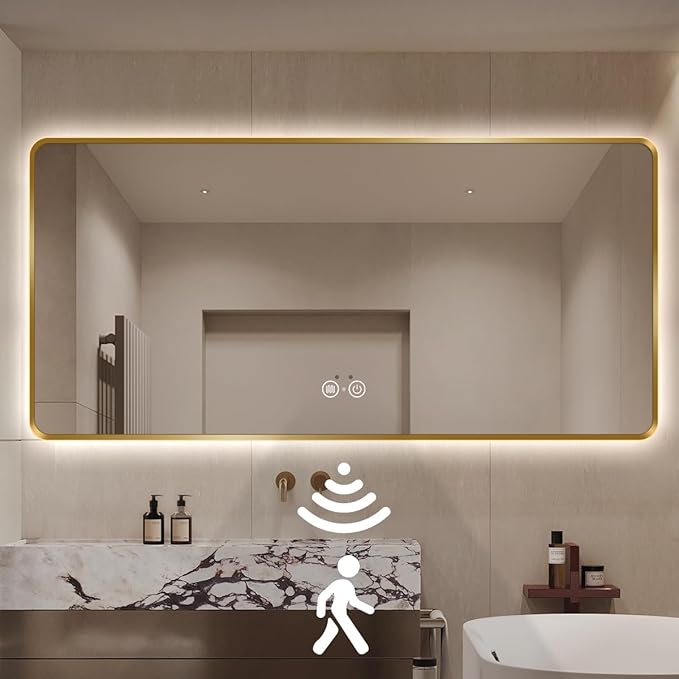 Gold LED Bathroom Mirror, 36"x60" Smart Mirror with Infrared Motion Sensor Lights, Anti Fog, Stepless Dimmable & Color Temperature Adjustment, Wall Mounted Vanity Mirror Backlit, CRI≥93