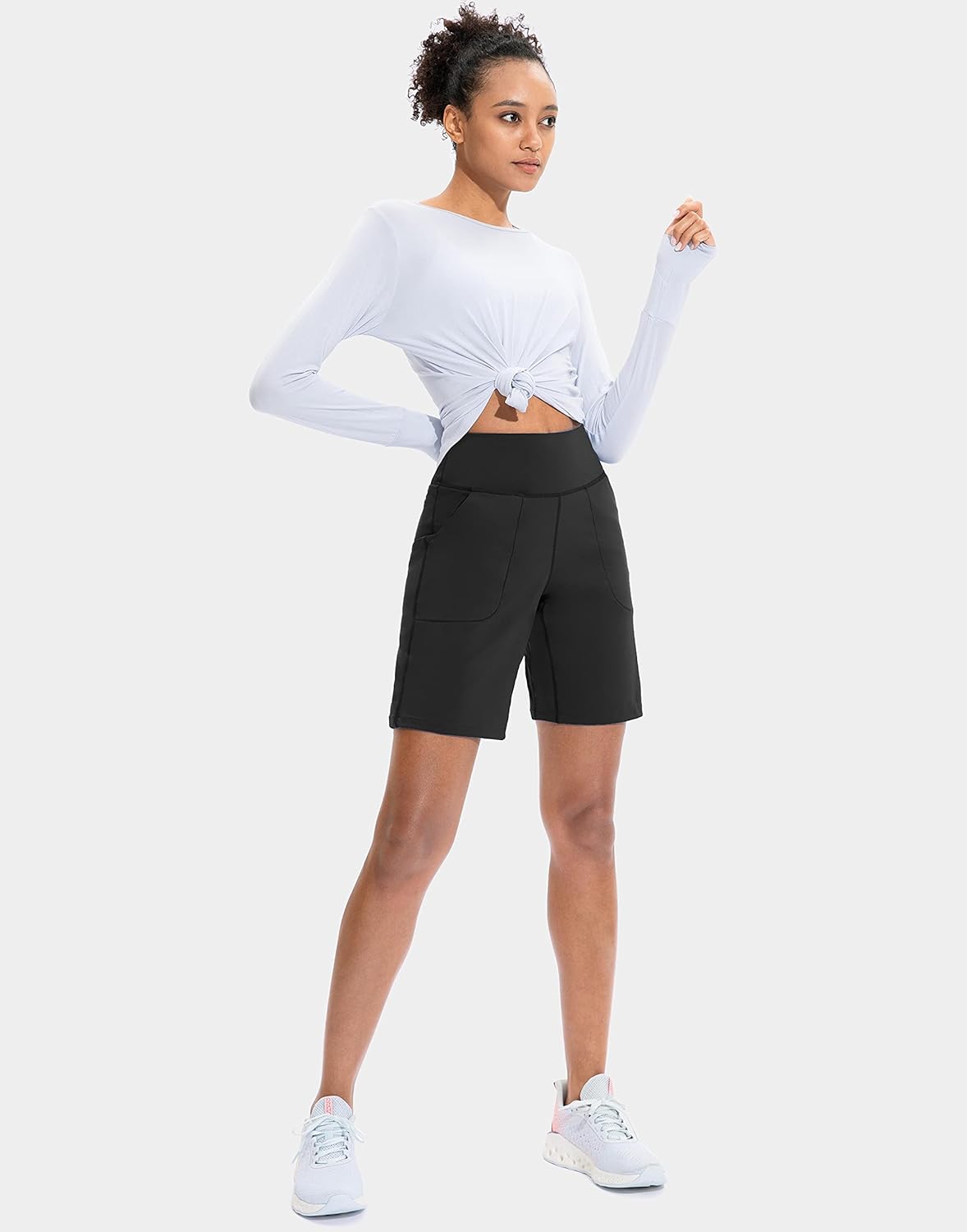 SANTINY Women's High-Waisted Athletic Bermuda Shorts - Comfortable Running & Yoga Shorts with Pockets