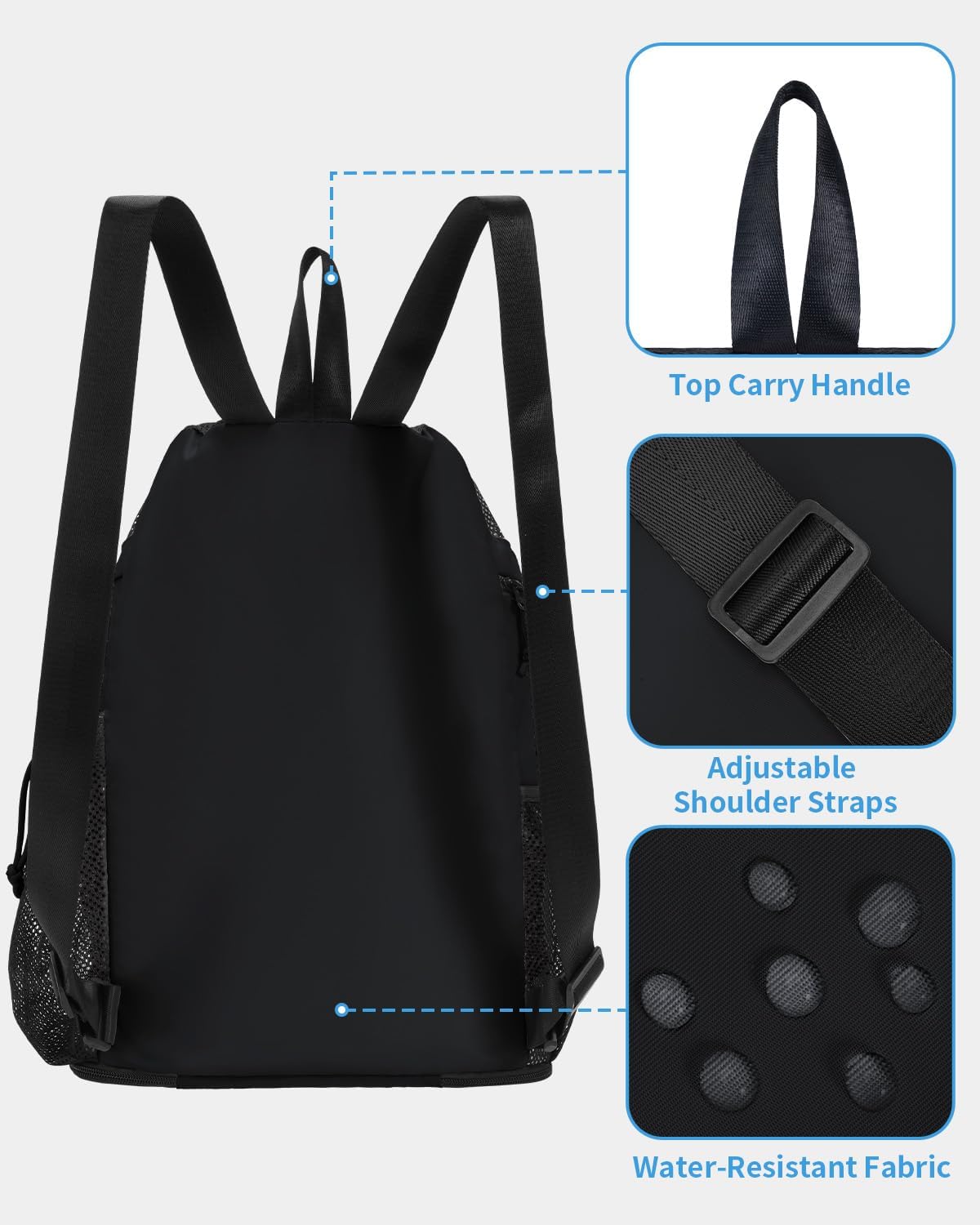 WANDF Swim Bag - Sandproof Beach Backpack with Wet Pockets & Tumbler Side Pockets | Black