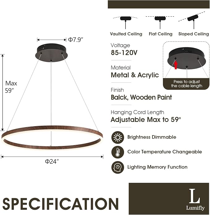 24" Ring Chandelier Modern LED Round Chandelier Wood Grain Finish Dimmable