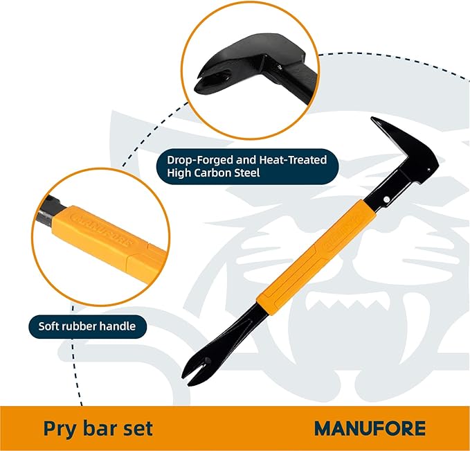 MANUFORE 4pcs Pry Bar Nail Puller Set, 12” Flat Pry Bar, 7.5” Flat Pry Bar, 12” Crow Bar with Hammer, 9” Chisel (Orange)