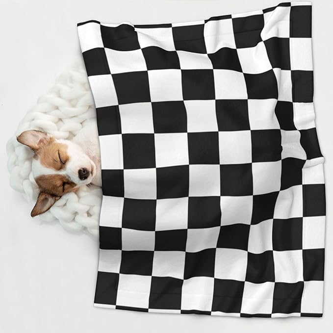 Double Sided Pet Throw for Dogs Who Shed, Checkered Race Waving Flag, Reversible Blanket with Nubby Dot Side Catches Loose Fur for Easier Furniture Cleanup