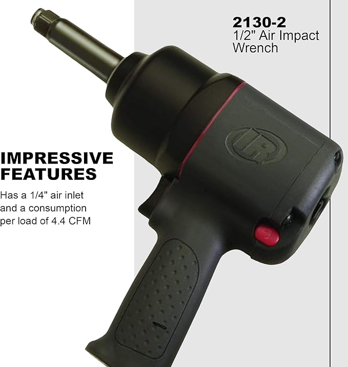 Ingersoll Rand 2130-2 1/2" Air Impact Wrench with 2" Extended Anvil, 550 ft-lbs Max Torque Output, 9500 RPM, Heavy Duty, Lightweight, Use for Changing Tires, Auto Repair, Black