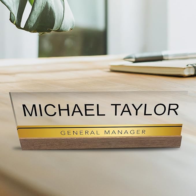 Artblox Personalized Office Desk Name Plate with Business Card Holder | Clear Acrylic Glass with Teak Wood Stand | Gold Stripe Design Customized with Your Name and Credentials Office Desk Décor
