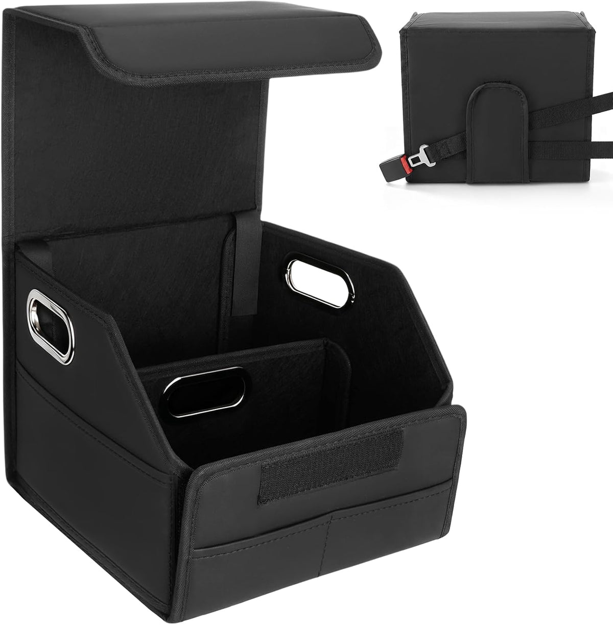 Car Storage Organizer with Box Lid, Leather Car Seat Organizer, Black