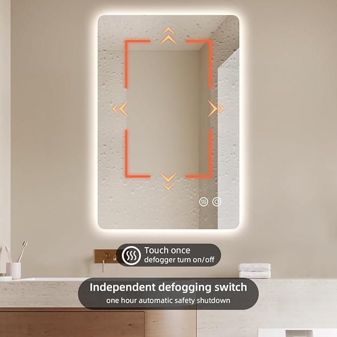32" x 40" Backlit LED Bathroom Mirror, Smart Touch Switch, Anti-Fog Mirror, 3-Color Dimmable Lighting, CRI≥93, Wall-Mounted Vanity Mirror with Lights for Modern Bathroom (Horizontal/Vertical)