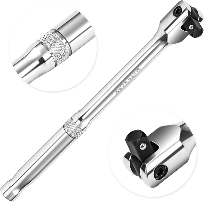 3/8'' Drive Breaker Bar, 10 Inches Long Extension Breaker Bar with 180-Degree Cr-V Flex Head and Engraved Non-slip Handle, Polished Finish, Home Use Socket Wrench