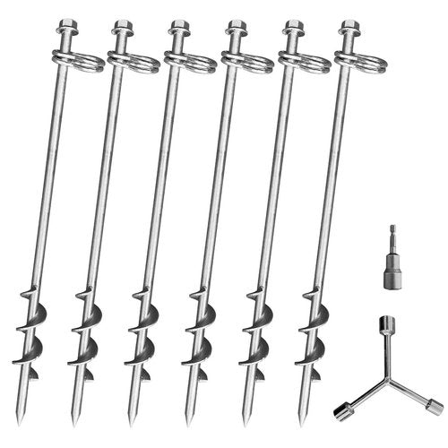 Ground Anchors Screw in - 16 Inch Set of 6 - Tent Stakes Heavy Duty Double Arbitrary Direction Galvanized Kits for Swing and Trampoline Set High Wind Solid Metal Hex Head Dog Tie Out Stake (6)