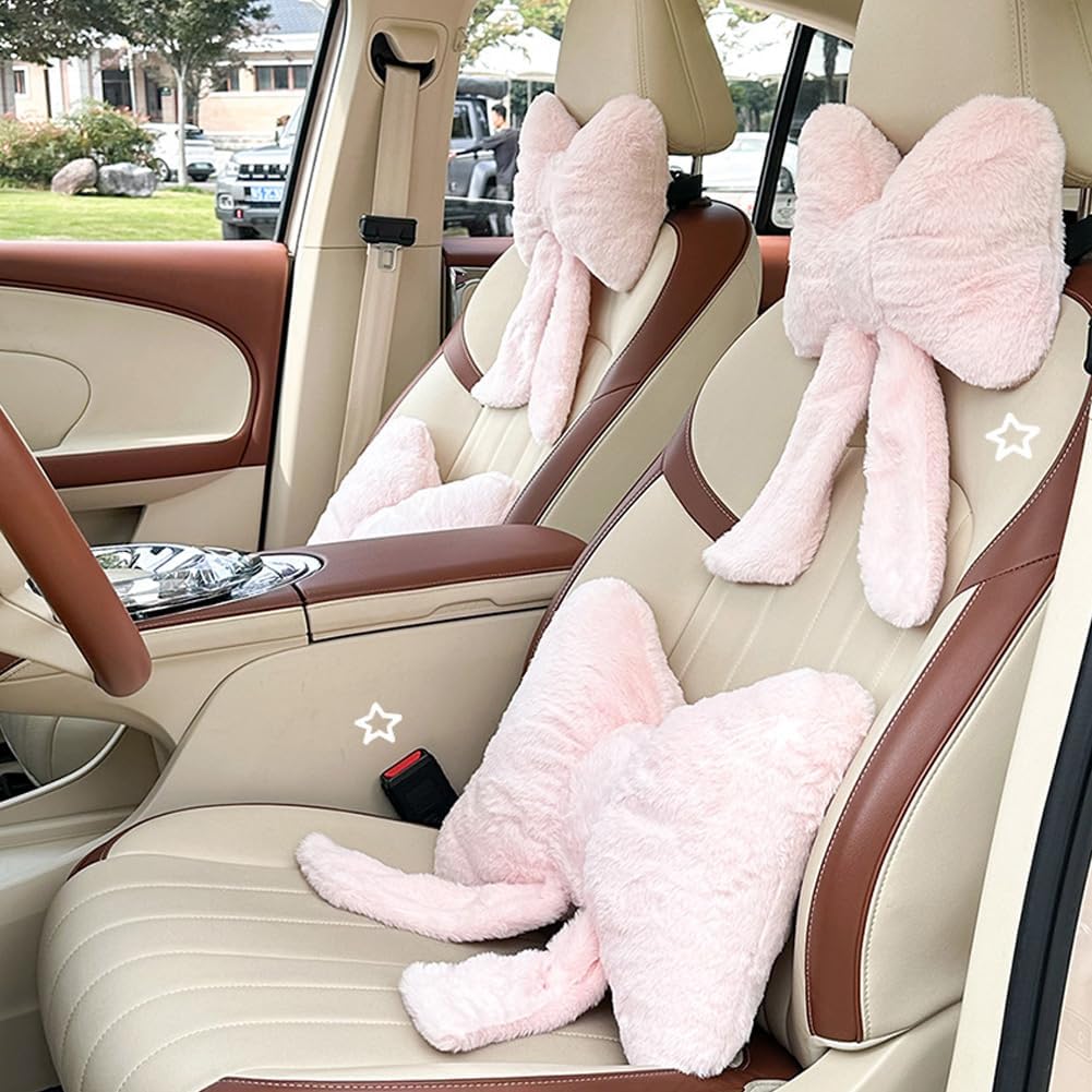 LYFJMUS 4 Pack Plush Leopard Print Car Headrest Pillow and Lumbar Support Pillow Soft Bow Car Neck Pillows for Driving Cars Home Decor (Brown Leopard)