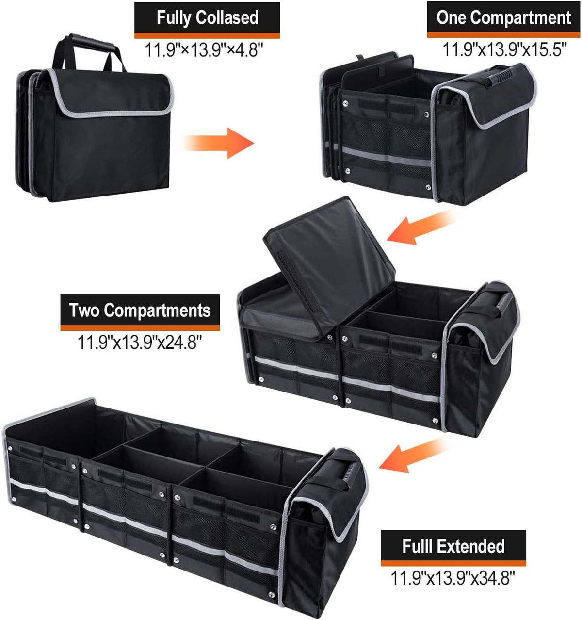 AOPHY Car Trunk Organizer with Insulated Cooler Bag, Foldable & Waterproof Storage Organizer with Lid for SUV, Truck, Sedan - 4 Large Adjustable Compartments, Heavy Duty & Collapsible Design