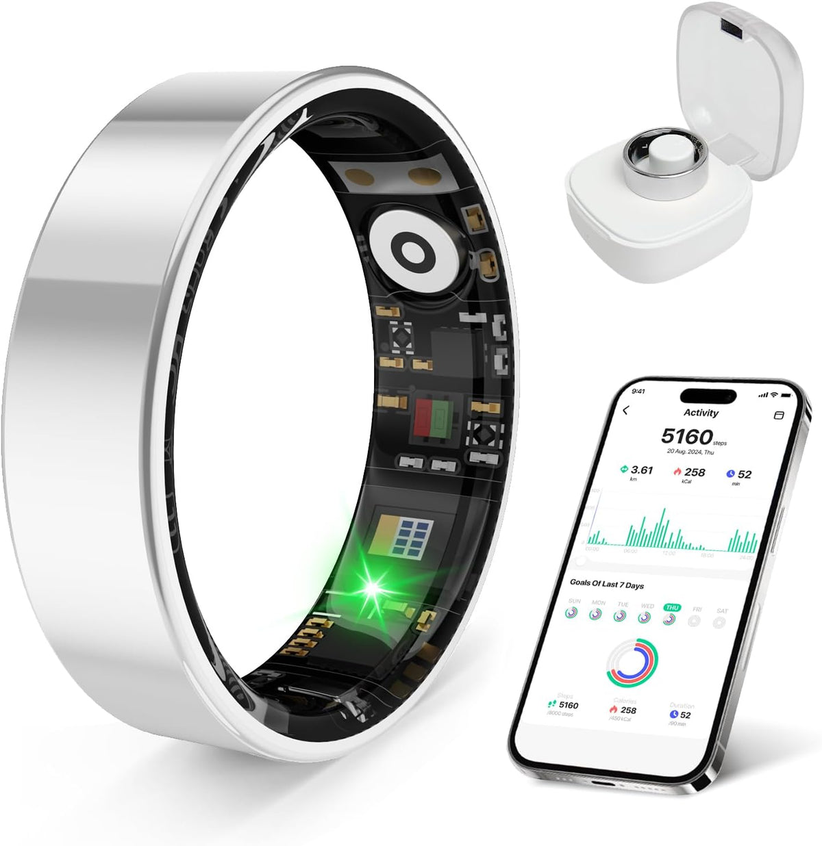 Smart Health Ring - Stress & Sleep Monitoring | Waterproof Fitness Tracker for iOS & Android (Silver, Size 10)