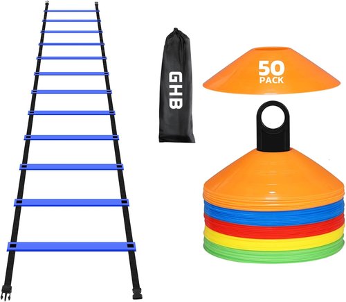 GHB Agility Ladder Set - 1 Agility Ladder with 50 Disc Cones & 2 Carrying Bags | Perfect for Training
