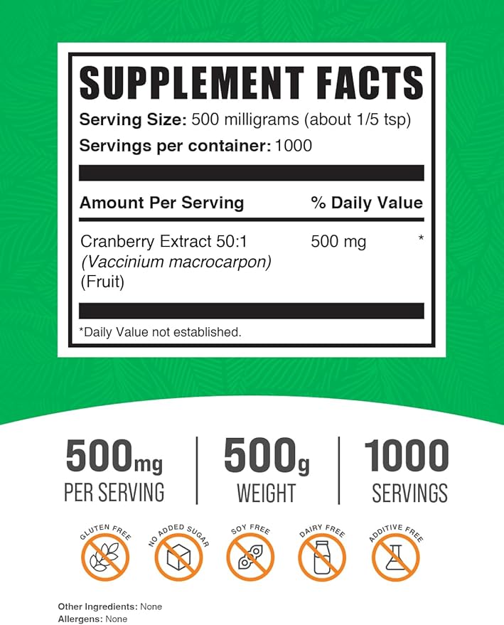 BulkSupplements.com Cranberry Extract Powder - Cranberry Supplements for Women & Men, Cranberry Extract 500mg - Vegan & Gluten Free, 500mg per Serving, 500g (1.1 lbs) (Pack of 1)