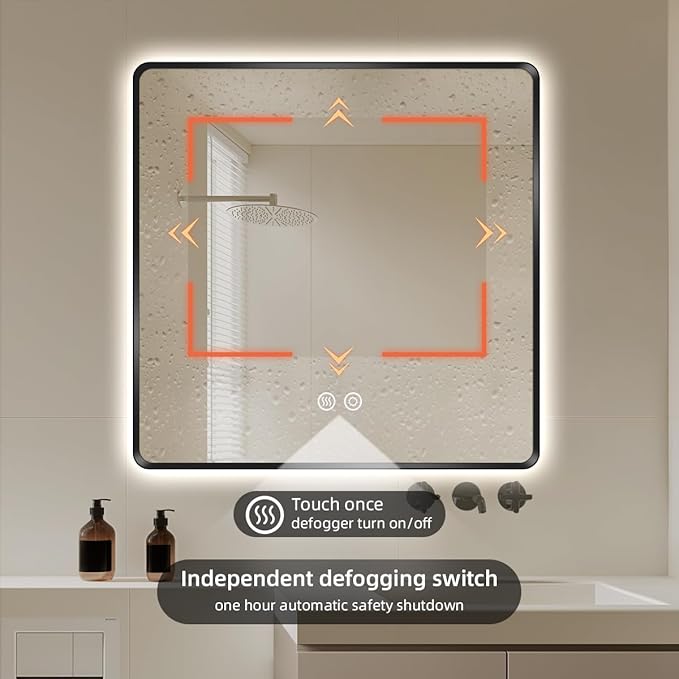 36" x 36" Black LED Bathroom Mirror with Lights, Lighted Vanity Mirror with Anti-Fog, 3-Color Stepless Dimmable, Memory, Shatterproof, UL-Listed, Wall Backlit Mirror