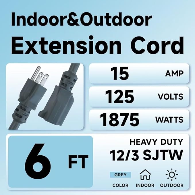 Indoor Outdoor Extension Cord, 12 Gauge 3 Prong Weatherproof Heavy Duty Gray Extension Cords, 12/3 SJTW 15A 6 FT Extension Cable for Garage, Garden and Home, UL Listed