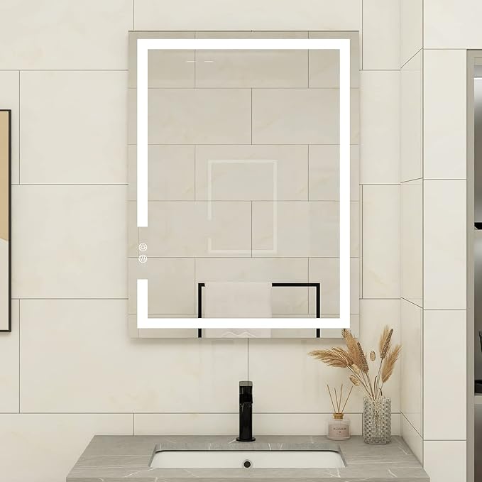 28 X 20 Inch LED Bathroom Vanity Mirror, 3 Colors Light Dimmable, Wall Mounted Memory Lighted Makeup Mirror with Anti-Fog Touch Switch (Front-lit&Backlit)
