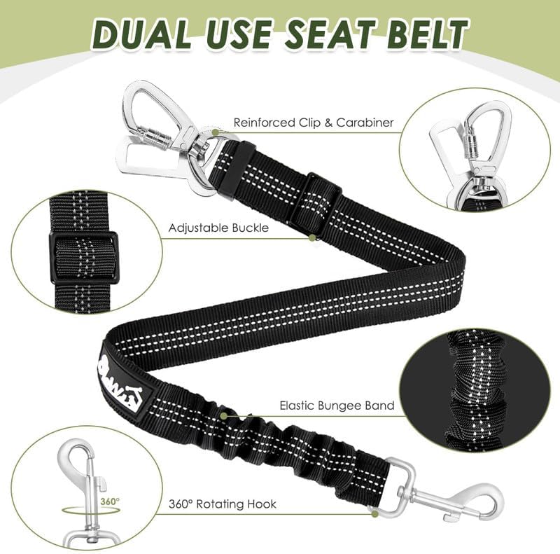 SlowTon Dog Seat Belt Harness for Car, Dog Car Harness Adjustable Mesh Breathable & Dog Seatbelt Safety Tether with Elastic Bungee for Small Medium Large Pets(Green, Double Clip, S)