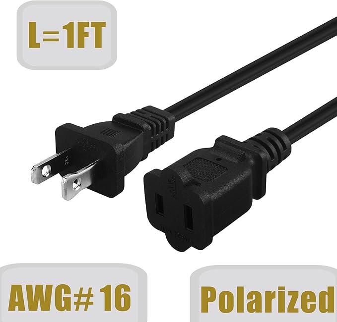 1FT Short Polarized US 2 Prong Male-Female Extension Power Cord, 2 Outlet Extension Cable Cord US AC 2-Prong Male/Female Power cable10A/125V, Nema 1-15P to 1-15R Cable Polarity