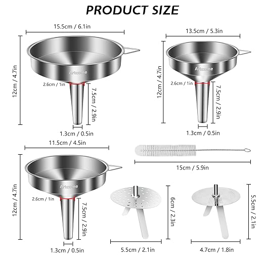 Artcome 3 Pcs Stainless Steel Kitchen Funnel Set, Food Grade 3-in-1 Metal Funnel, Ideal for Transferring of Liquid, Sauce, Jam, Particles & Powder - Dispensing Funnels with Strainers - Dish-Wash Safe