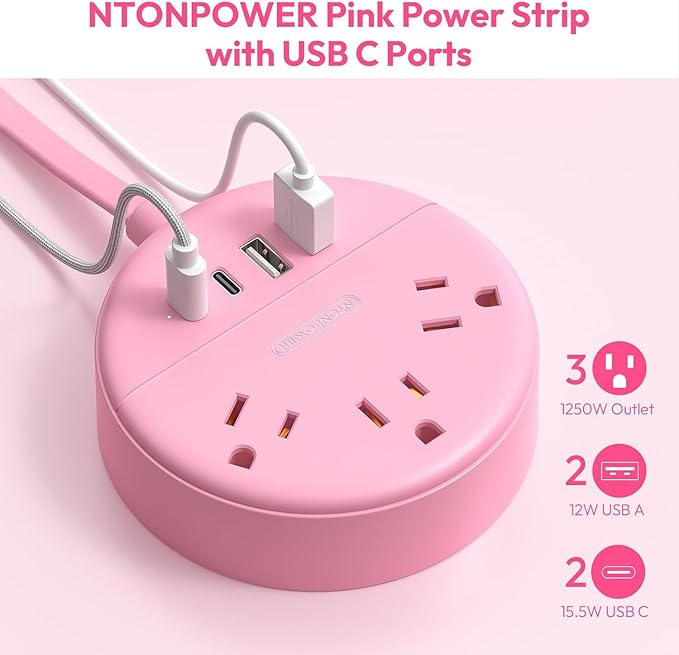 Pink 2 Prong Power Strip with USB-C, NTONPOWER 1875W/15A 2 Prong to 3 Prong Outlet Adapter, Rotating Plug,Pink Extension Cord 5 FT,3 Outlets 4 USB Port, Ideal for Old House, Vanity Desk, Office,Travel