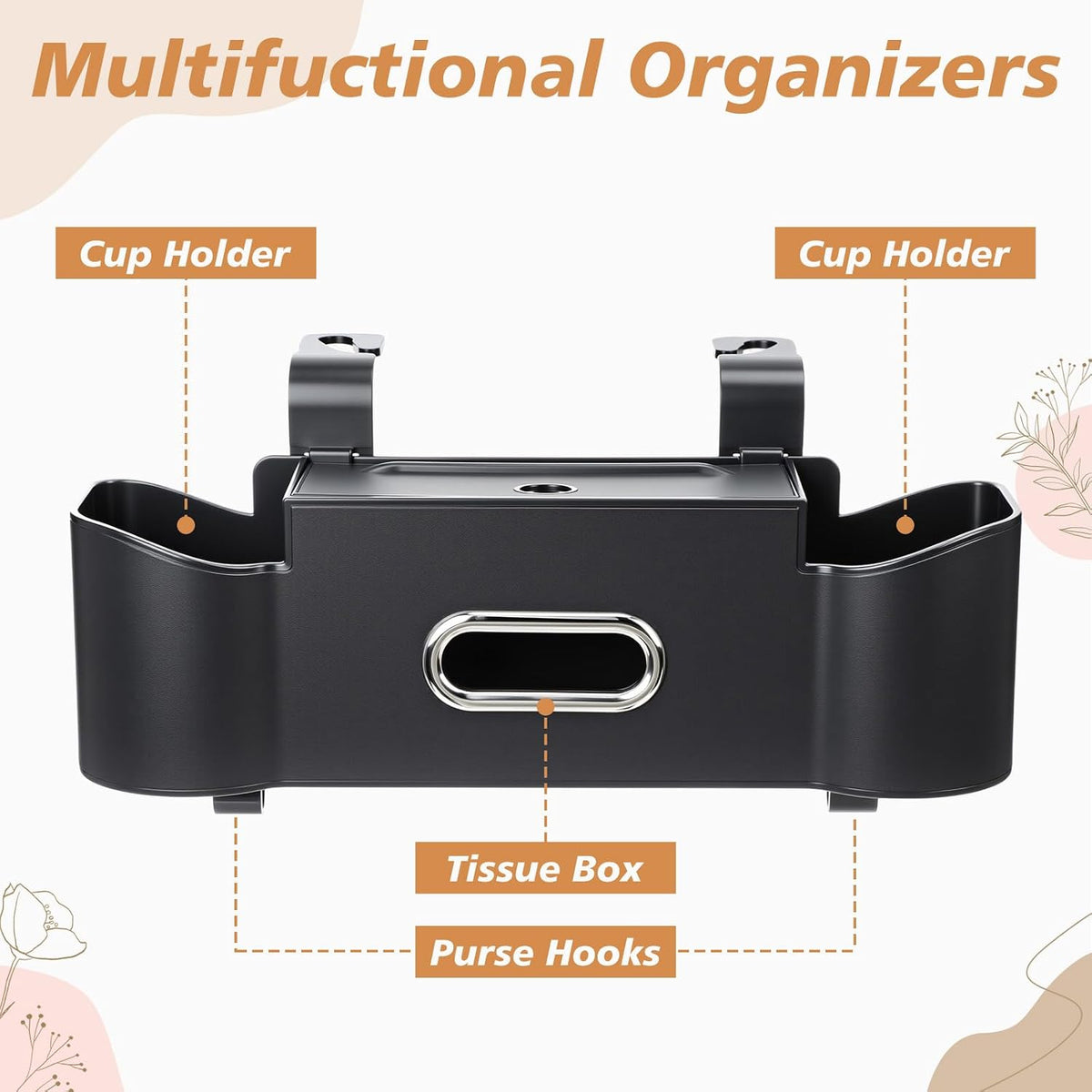 LemonRoad 2 Pack Multifunctional Car Seat Back Storage Box Car Seat Back Organizer with Tissue Box, 2 Drinks Cup Holders and Hooks for Hold Phone, Handbag, Fits for Most Cars(Black)