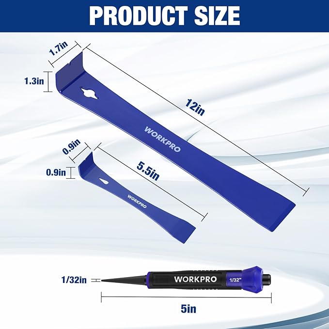 WORKPRO Pry Bar and Nail Punch Set, 5-1/2" Mini Pry Bar, 12" Prybar, 5" Nail Setter, 3-IN-1 Utility Claw Bar for prying, scraping, lifting, pulling, Perfect for Home Remolding & Woodworking